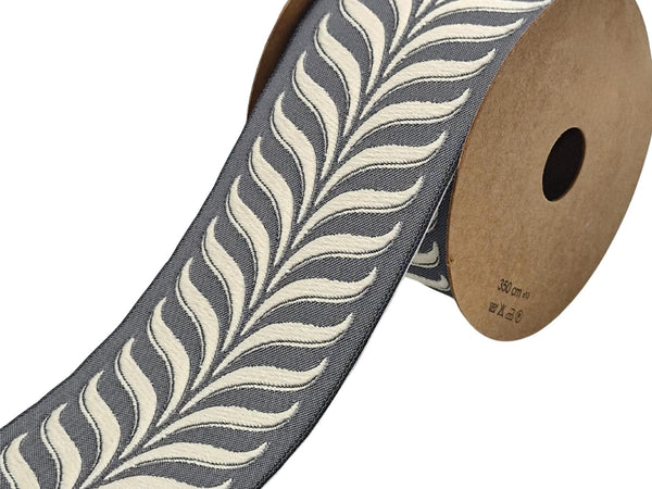 Embroidered Curtain Trim Ribbon 2.7”, Botanical Leaf Fabric Tape for Drapery, Ivory Gray Upholstery & Home Decor 220 V5