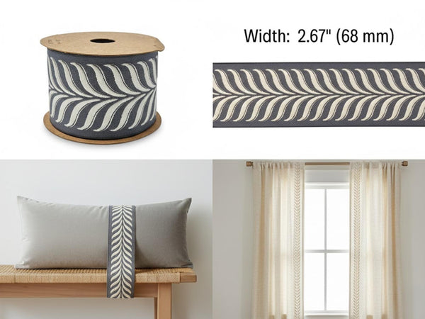 Embroidered Curtain Trim Ribbon 2.7”, Botanical Leaf Fabric Tape for Drapery, Ivory Gray Upholstery & Home Decor 220 V5