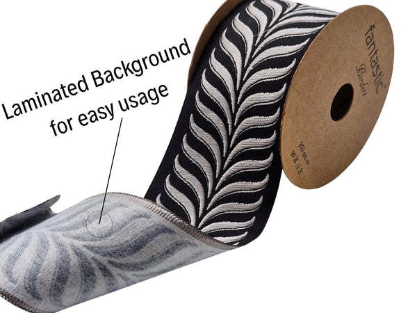 Embroidered Curtain Trim Ribbon 2.7”, Botanical Leaf Fabric Tape for Drapery, Silver Black Upholstery & Home Decor 220 V8