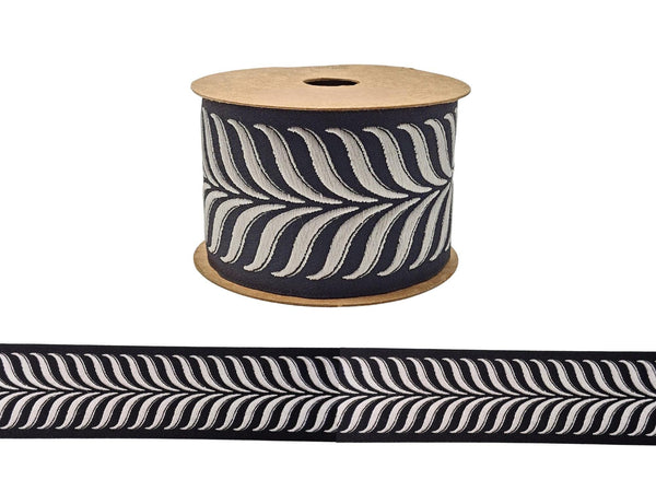 Embroidered Curtain Trim Ribbon 2.7”, Botanical Leaf Fabric Tape for Drapery, Silver Black Upholstery & Home Decor 220 V8