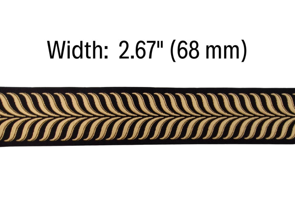 Embroidered Curtain Trim Ribbon 2.7”, Botanical Leaf Fabric Tape for Drapery, Warm Gold Black Upholstery & Home Decor 220 V9