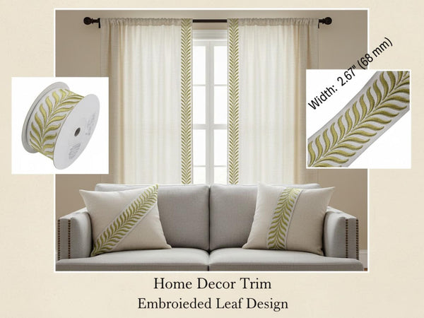 Embroidered Curtain Trim 2.7”, Botanical Leaf Fabric Tape for Drapery, Moss Green Light Beige Roman Shades and Home Decor Projects 220 V10
