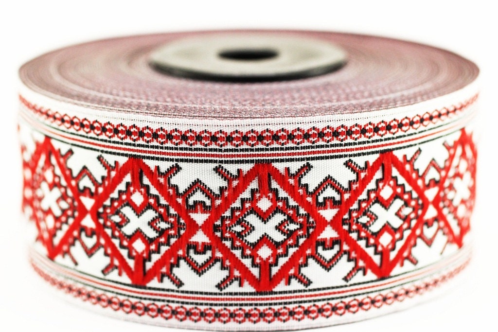 35 mm Red/White Carpet Ribbon (1.37 inches), Geometric trim, jacquard trim, fabric wide trims, craft supplies, vintage trim, 35984