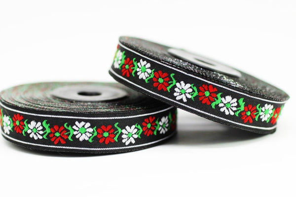 16 mm Black&White Floral Jacquard ribbons (0.62inches) decorative ribbon, Dotted Ribbon, Sewing trim - woven trim - embroidered ribbon