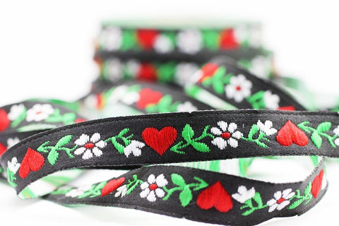 12 mm Black&White Heart Jacquard ribbons (0.47 inches), decorative trim, Floral Ribbon, Sewing trim - woven trim - embroidered ribbon