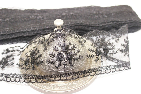60 mm Black Organza Lace trim, embroidered lace fabric , 2.35 inches lace trim ,Organza Lace , Black Lace Trim , Floral Tulle Lace Trim