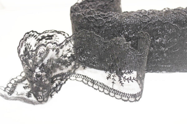 60 mm Black Organza Lace trim, embroidered lace fabric , 2.35 inches lace trim ,Organza Lace , Black Lace Trim , Floral Tulle Lace Trim