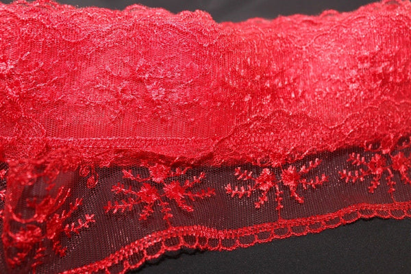 60 mm Red Organza Lace trim, embroidered lace, 2.35 inches lace trim, Headband Garter, Floral Tulle Lace Trim, for gaments,