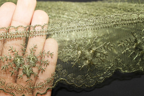 60 mm Military Green Organza Lace trim, embroidered lace, 2.35 inches lace trim, Headband Garter, Floral Tulle Lace Trim, for gaments,