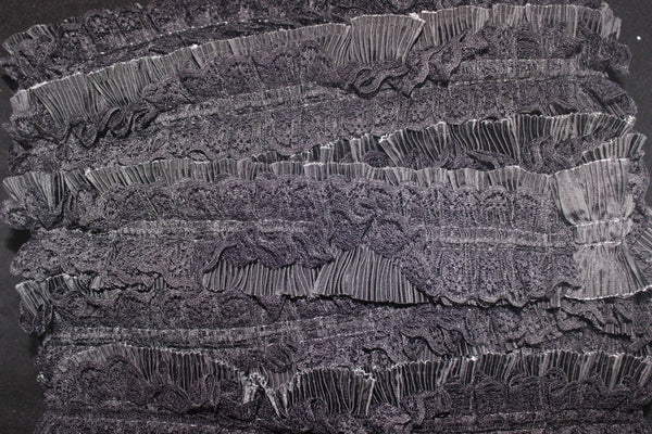 52 mm Black Pleated Ruffle with layer , Pleated Ruffle Lace, Lettuce Edge Trim, embroidered lace fabric , 2.05 inches lace trim