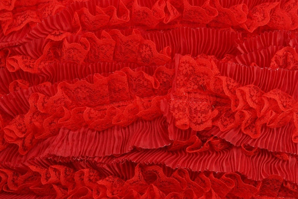 52 mm Red Pleated Ruffle with layer , Pleated Ruffle Lace, Lettuce Edge Trim, embroidered lace fabric , 2.05 inches lace trim