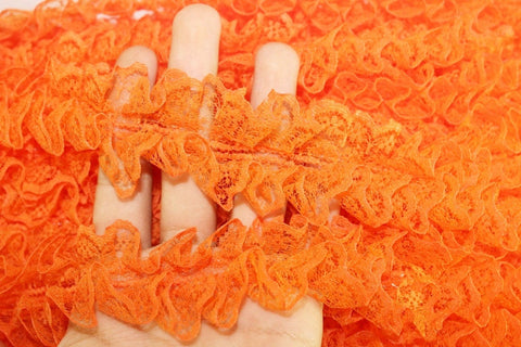 45 mm Orange Pleated Ruffle ,Orange Lace trim, Lettuce Edge Trim, embroidered lace fabric , 1.77 inches lace trim , Tulle Lace Trim , Lace