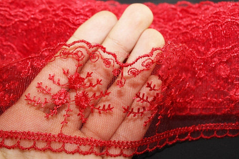 60 mm Red Organza Lace trim, embroidered lace, 2.35 inches lace trim, Headband Garter, Floral Tulle Lace Trim, for gaments,