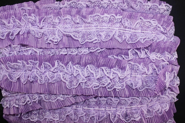 52 mm Lilac Pleated Ruffle with layer , Pleated Ruffle Lace, Lettuce Edge Trim, embroidered lace fabric , 2.05 inches lace trim