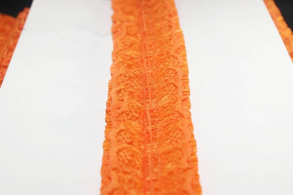 52 mm Orange Pleated Ruffle with layer , Pleated Ruffle Lace, Lettuce Edge Trim, embroidered lace fabric , 2.05 inches lace trim