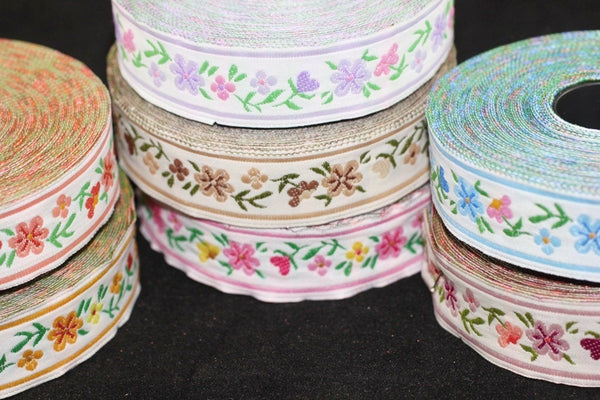 16 mm Powder/white Floral Jacquard ribbon (0.62 inches) - woven ribbon, authentic ribbon - Sewing, Scroll Jacquard trim, ribbons, 16947
