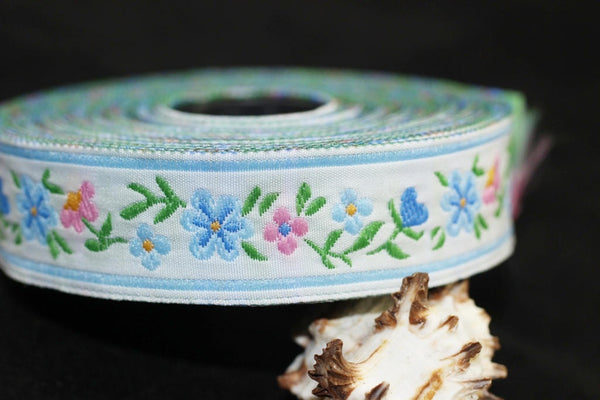 16 mm Blue/white Floral Jacquard ribbon (0.62 inches), woven ribbon, authentic ribbon, Sewing, Scroll Jacquard trim, vintage ribbons, 16947