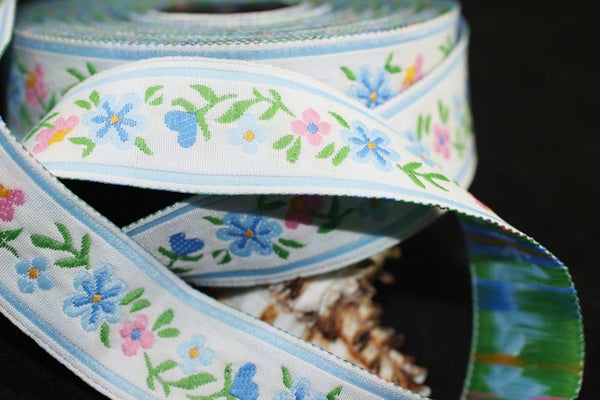 16 mm Blue/white Floral Jacquard ribbon (0.62 inches), woven ribbon, authentic ribbon, Sewing, Scroll Jacquard trim, vintage ribbons, 16947