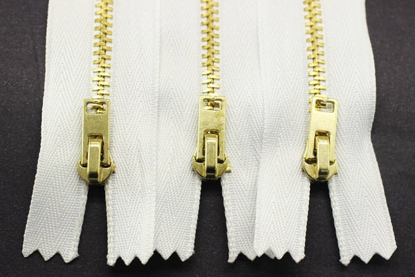 5 Pcs White Metal zippers with gold brass teeth, 18-100cm (7-40inchs) zipper, Jean Zipper, dress zipper, lightweight zipper, teeth zip, MTZF