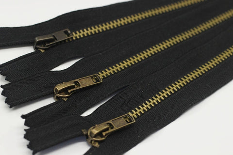 20 Pcs Black Metal zippers with gold brass teeth, 4 inches zipper, Jean Zipper