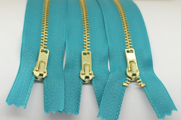 5 Pcs Saphire Blue Metal zippers with Gold brass teeth, 18-100cm (7-40inches) zipper, Jean Zipper, dress zipper, lightweight zipper, MTZF