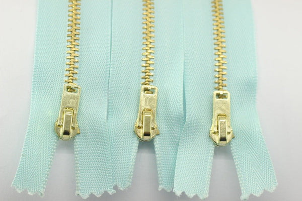 5 Pcs Light Blue Metal zippers with gold brass teeth, 18-100cm (7-40inches zipper, Jean Zipper, dress zipper, Jacket zipper, Teeth zip, MTZF