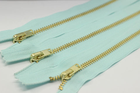 5 Pcs Light Blue Metal zippers with gold brass teeth, 18-100cm (7-40inches zipper, Jean Zipper, dress zipper, Jacket zipper, Teeth zip, MTZF