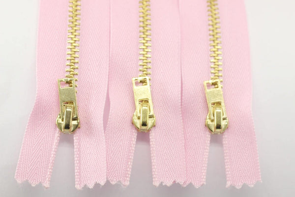 5 Pcs Baby Pink Metal zippers with gold brass teeth, 18-100cm (7-40inches zipper, Jean Zipper, dress zipper, Jacket zipper, teeth zip, MTZF