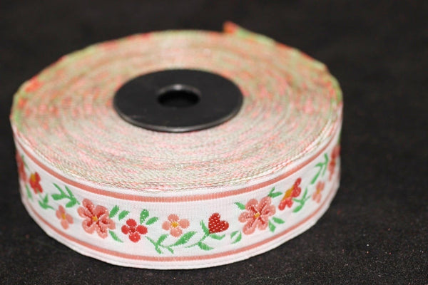 16 mm Powder/white Floral Jacquard ribbon (0.62 inches) - woven ribbon, authentic ribbon - Sewing, Scroll Jacquard trim, ribbons, 16947