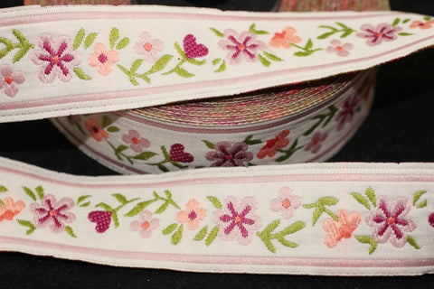 16 mm Pink/white Floral Jacquard ribbon (0.62 inches), woven ribbon, authentic ribbon - Sewing, Scroll Jacquard trim, ribbons, 16947