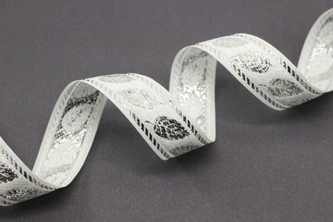 25 mm White&Silver  leaf Jacquard ribbon (0.98 inches, Jacquard trim, Sewing, Jacquard ribbons, Trim, ribbon