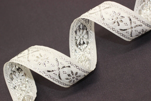 25 mm White&Silver Floral ribbon (0.98 inches), Jacquard trim, Sewing, Jacquard ribbons, Trim, silver ribbon, embroidered ribbon
