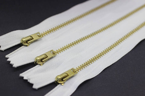 5 Pcs White Metal zippers with gold brass teeth, 18-100cm (7-40inchs) zipper, Jean Zipper, dress zipper, lightweight zipper, teeth zip, MTZF