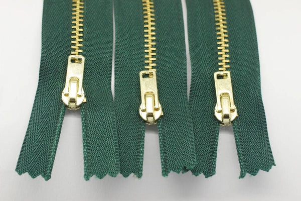 5 Pcs Amazon Green Metal zippers with Gold brass teeth, 18-100cm (7-40inches) zipper, Jean Zipper, dress zipper, lightweight zipper, MTZF