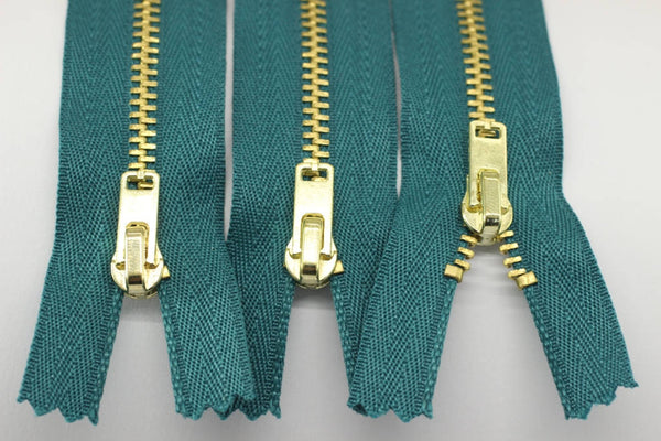 5 Pcs Dark Turquoise Metal zippers with Gold brass teeth, 18-100cm (7-40inches) zipper, Jean Zipper, dress zipper, lightweight zipper, MTZF