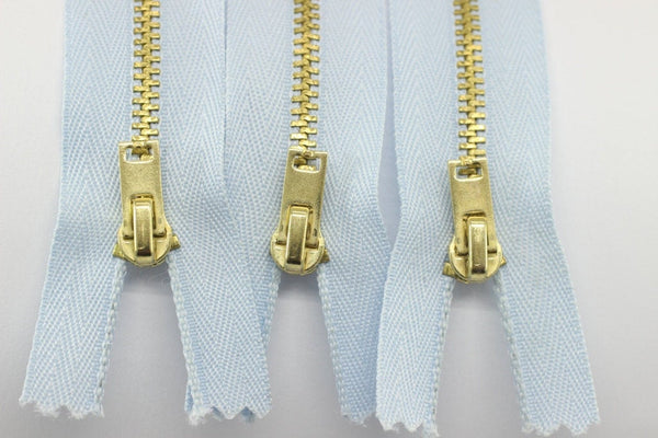 5 Pcs Sky Blue Metal zippers with brass teeth, 18-100cm (7-40inches) zipper, Jean Zipper, dress zipper, lightweight zipper, teeth zip, MTZF