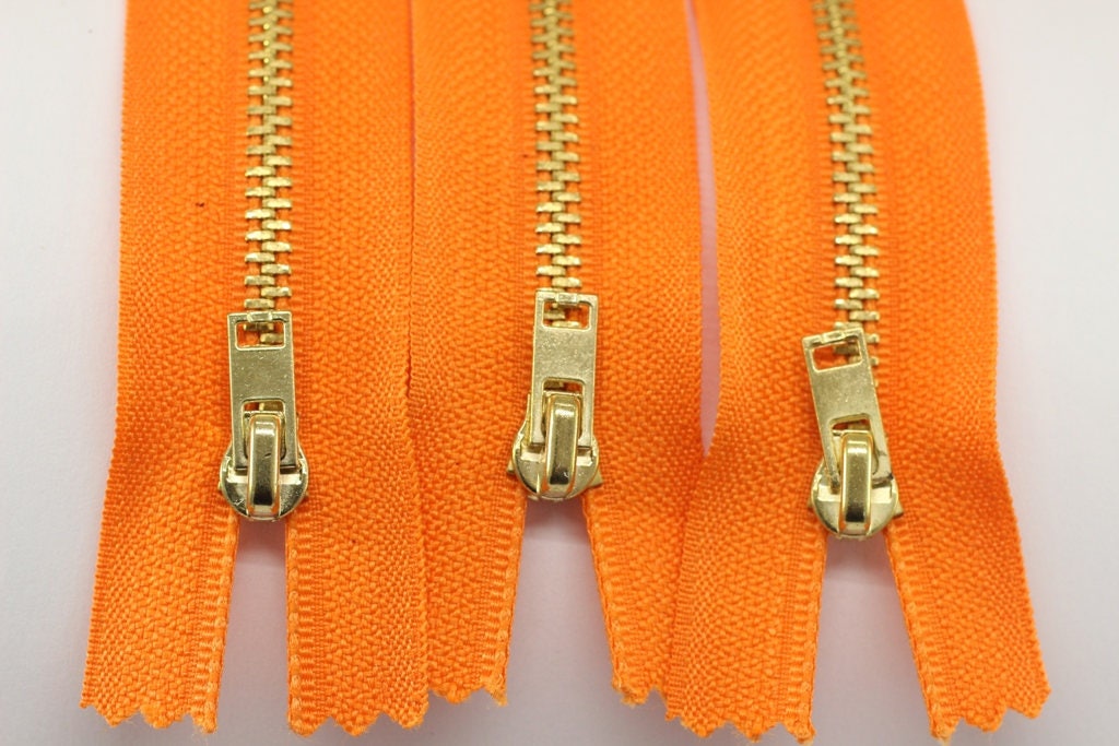5 Pcs Orange Metal zippers with gold brass teeth, 18-100cm (7-40inches –  Ribbonsland