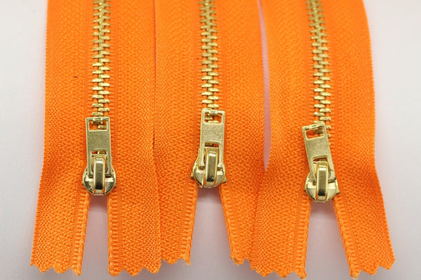 5 Pcs Orange Metal zippers with gold brass teeth, 18-100cm (7-40inches zipper, Jean Zipper, dress zipper, Jacket zipper, teeth zipper, MTZF