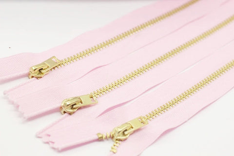 5 Pcs Baby Pink Metal zippers with gold brass teeth, 18-100cm (7-40inches zipper, Jean Zipper, dress zipper, Jacket zipper, teeth zip, MTZF