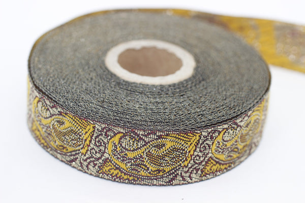 22 mm Yellow indian ribbon, woven ribbon, Jacquard trim (0.86 inches) Jacquard ribbon, vintage ribbon, indian trim, embroidered trim, INDW2