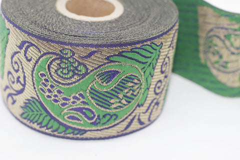 50 mm Green indian ribbon, woven ribbon, Jacquard trim (1.96 inches) Jacquard ribbon, vintage ribbon, indian trim, embroidered trim, INDW5