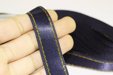 10 meters (10.90 yrds) Golden Dark Blue Satin Ribbon, Double Sided Ribbon, Silk Ribbon, Satin Ribbons, premium ribbons, sparkle ribbon, STNS