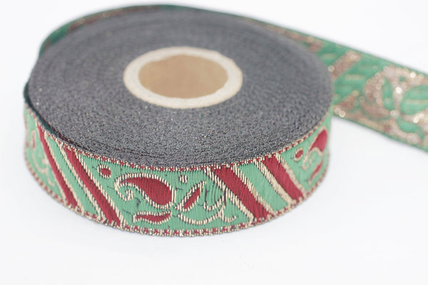 22 mm Green indian ribbon, Jacquard trim (0.86 inches) Jacquard ribbon, sequin ribbon, vintage ribbon, indian trim, embroidered trim, IND22