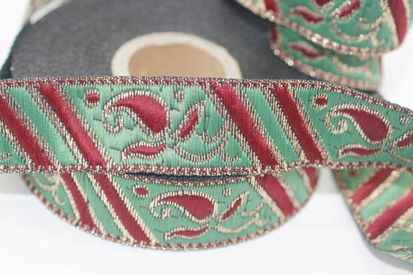 22 mm Green indian ribbon, Jacquard trim (0.86 inches) Jacquard ribbon, sequin ribbon, vintage ribbon, indian trim, embroidered trim, IND22