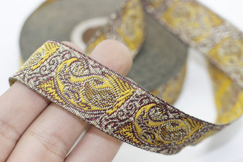 22 mm Yellow indian ribbon, woven ribbon, Jacquard trim (0.86 inches) Jacquard ribbon, vintage ribbon, indian trim, embroidered trim, INDW2
