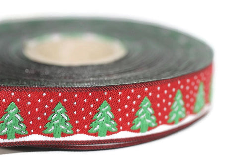 16 mm Red Christmas jacquard ribbons 0.62 inches, pine tree  embroidered trim, Christmas  trim, Christmas  jacquards, border, 16482