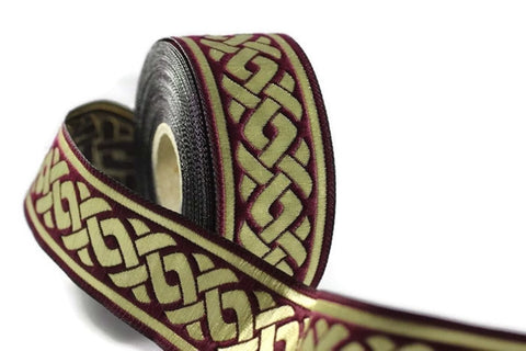 35 mm Gold&claret red Jacquard ribbons 1.37 inches, spiral Style Jacquard trim, Sewing Jacquard ribbons, woven ribbons, collars supply
