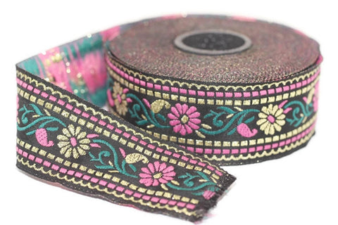35 mm Black & Pink Floral Jacquard ribbon (1.37 inches) - Jacquard trim  - Sewing Trim - Collar Trim, Ribbon by the yards, Vintage ribbon