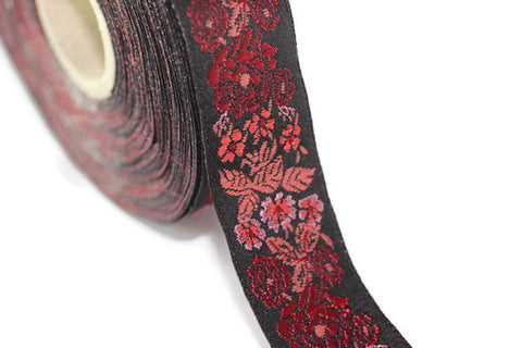 35 mm Red/Black Floral Embroidered ribbon (1.37 inches), Vintage Jacquard, Floral ribbon, Sewing trim, Jacquard trim, Jacquard ribbon, 35097