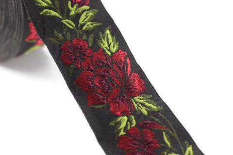 35 mm Red / Black Floral Jacquard trim (1.37 inches, vintage Ribbon, Decorative Craft Ribbon, Floral Jacquard Ribbon, towel trim, 35096